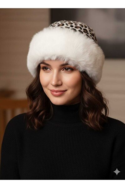 Betülce Trend Triangle Leopard Detailed Plush Fur Kalpak Hat