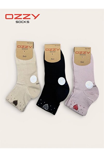 Ozzy Socks 3 Çift Kadın Taş Detaylı Dikişsiz & Takviyeli Patik Çorap
