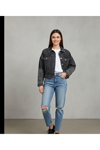 ARDSU Palton scurt din denim cu aplicații de piatră