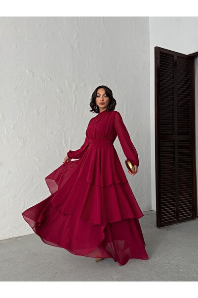 Housebutik Asymmetric Ruffle Detail Evening Dress with Ruched Detail