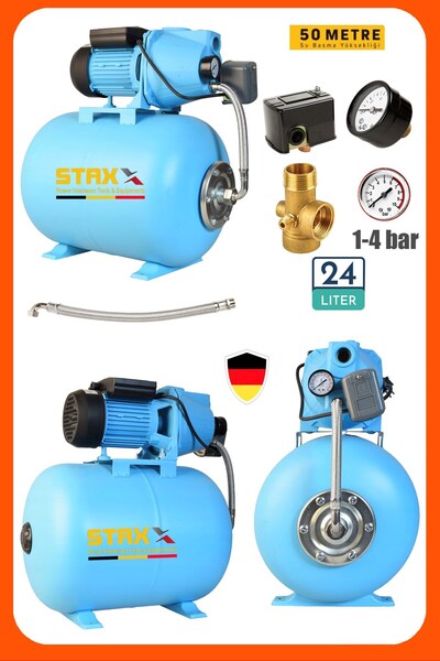STAXX POWER Yüksek Basınçlı 1.5 HP Jet Su Pompası 24 Litre Yatay Küre Tanklı ...