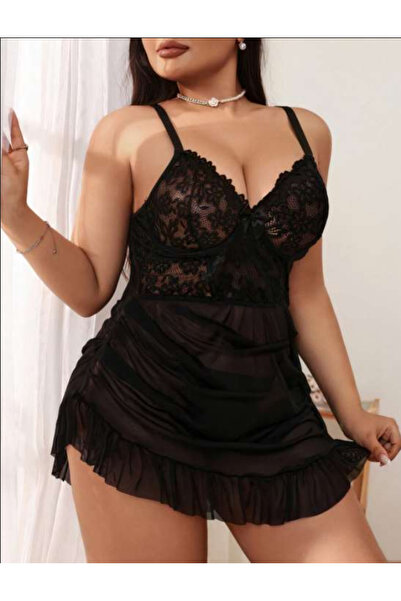 Bleu Petite Μαύρο Σετ Νυχτικό και Σλιπ από Τούλι με Λεπτομέρεια Κορδέλας σε Μ...