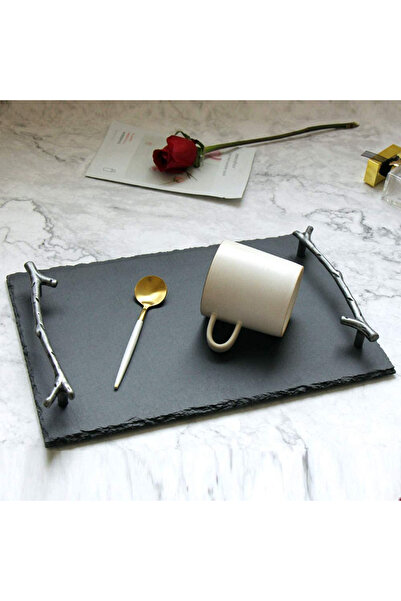 Home Box طبق زين من حجر الأردواز الطبيعي بمقبض مزخرف - 30×20×2.5 سم