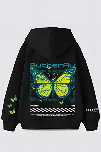 FUWEAR Суитшърт с качулка, с графичен принт на пеперуда, 3 нишки, изгладен