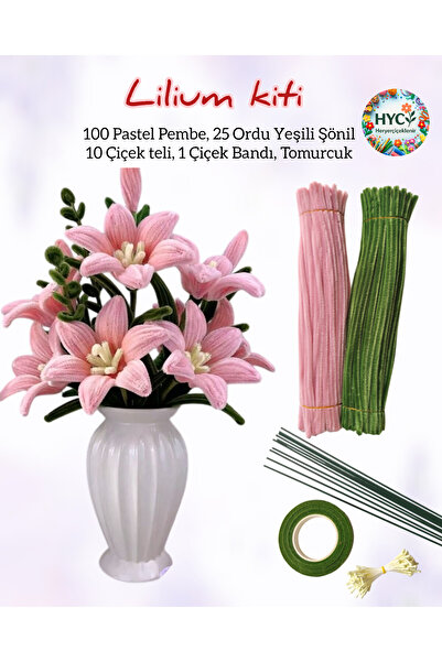 hyc heryerçiçeklenir 2’li Lilium Çiçek Yapım Seti – 125 Şönil (100 Pastel, 25 Ordu Yeşili) + Tomurcuk,Band, Çiçek Teli