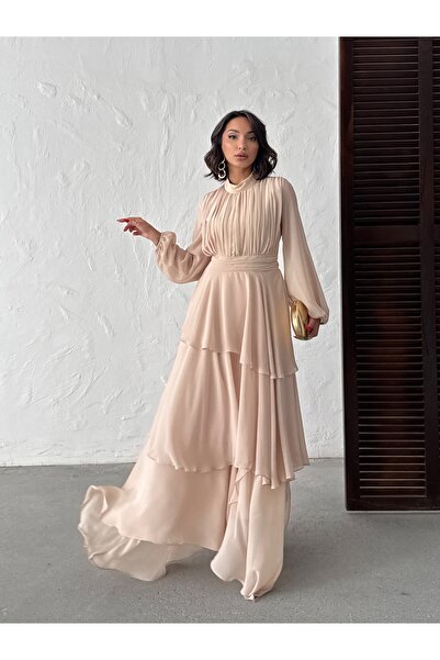 Housebutik Asymmetric Ruffle Detail Evening Dress with Ruched Detail