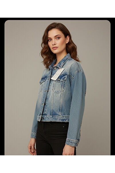 ARDSU Palton scurt din denim cu aplicații de piatră