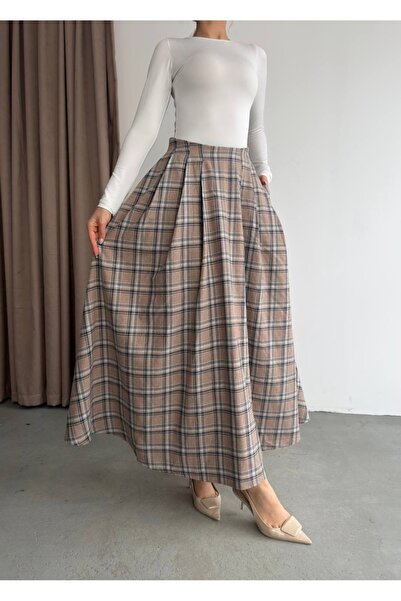 Ekim Store Ekose Desen Cep Detaylı Kloş Etek