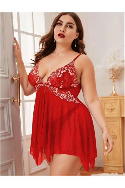 Bleu Petite Kırmızı Büyük Beden Dantel Detay Tül Gecelik Külot Takım