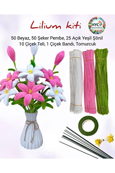 hyc heryerçiçeklenir 3’li Lilium Çiçek Yapım Seti –125 Şönil (Şeker Pembe, Be...