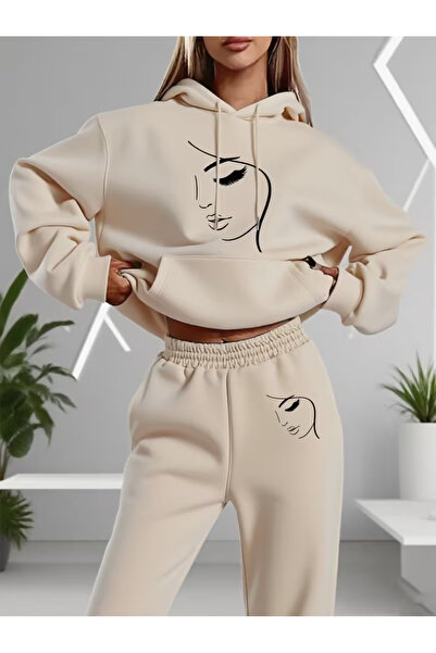 Sweet Cotton Women's Printed Hooded Tracksuit Set - Hooded Sweatshirt Bottom Top Set