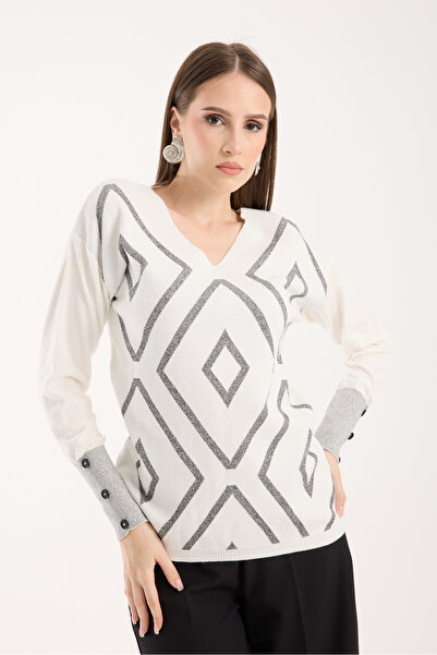 Moda Days Sim Patterned Wide Buttoned Cuffed V-Neck Knitwear Blouse