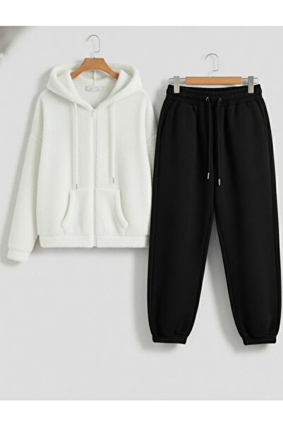 Boi Unisex Cut Zippered Plush Tracksuit Set Oversized Mold Hooded Plush Cardi...