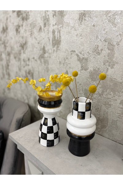 Store 2 li Seramik Saksı siyah beyaz dama el boyaması 19cm yükseklik 9cm geni...