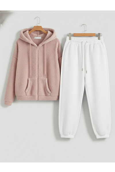 Boi Unisex Cut Zippered Plush Tracksuit Set Oversized Mold Hooded Plush Cardi...