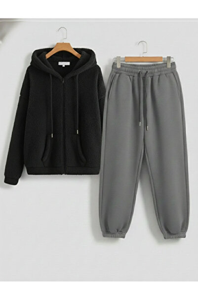 Boi Σετ φόρμας με φερμουάρ Unisex, βελούδινη ζακέτα με κουκούλα και φόρμα παν...