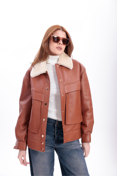 By Marki Marki Hakiki Deri Mont, içi Hakiki Kürklü Mont, Viski Renk Deri Mont...