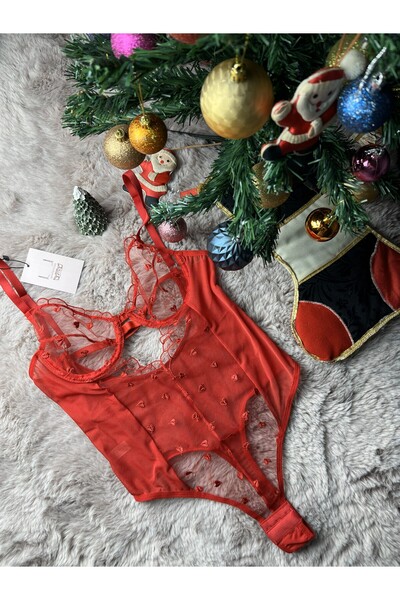 Sentientiss Vivere - Balenli Çıtçıtlı Kalpli Kırmızı Bodysuit