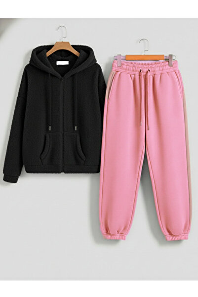 Boi Unisex Cut Zippered Plush Tracksuit Set Oversized Mold Hooded Plush Cardi...