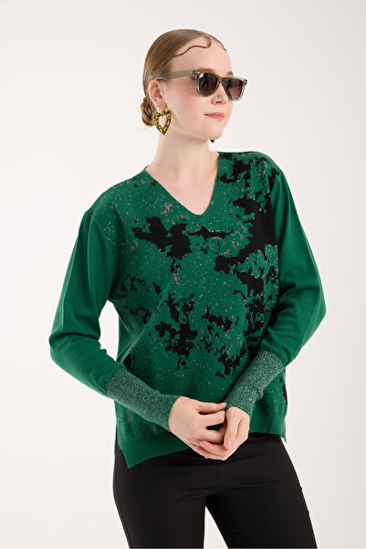 Moda Days Sim Patterned Wide Cuffed Side Slit V-Neck Knitwear Blouse