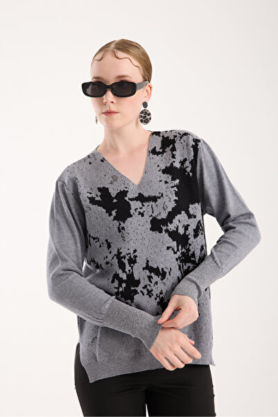 Moda Days Sim Patterned Wide Cuffed Side Slit V-Neck Knitwear Blouse