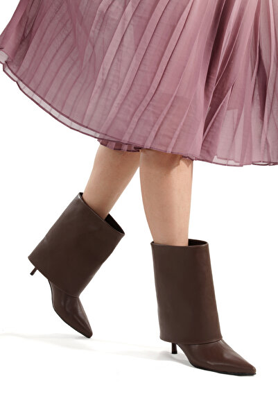 PİMORA Brown Leather Long Boots Pointed Toe 5 cm Thin Heel New Season