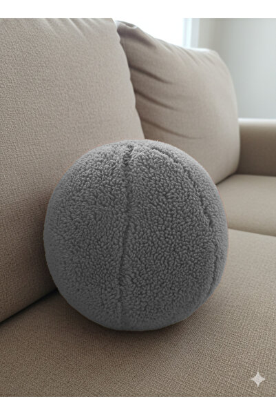 pufftable peluş top yastık kırlent içi dolgulu açık gri fitilli kumaş
