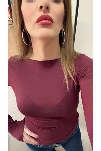 WellWay Boat Neck Transparent Detail Cashmere Fabric Blouse-Burgundy