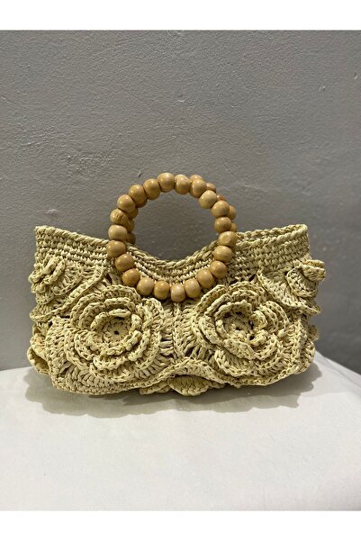 Sibel el örgüsü boncuk sap rafya gül motifli çanta