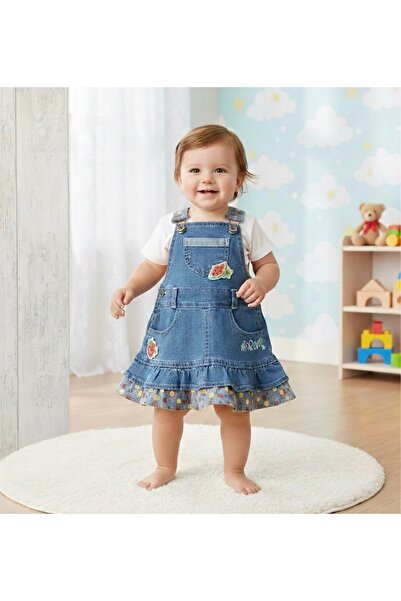 Bebek Kız Kot Salopet Elbise – Askılı, Nakışlı, Yazlık Jean Elbisesi