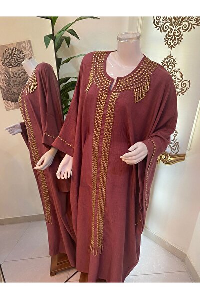 Veil Designer Luxurious linen jalabiya with wide sleeves, pink, with silver embroidery on the hand and front. One size fits all.
