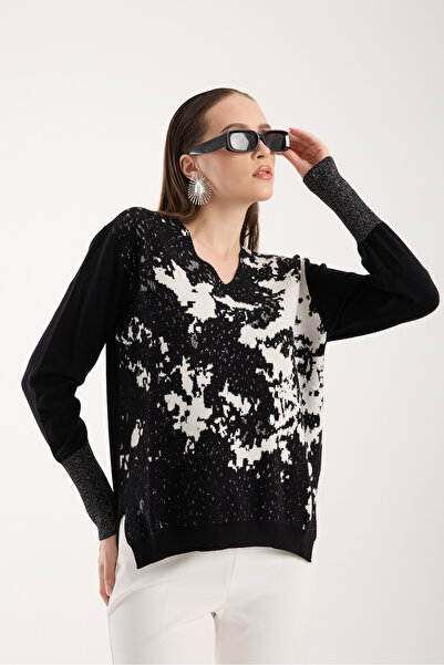 Moda Days Sim Patterned Wide Cuffed Side Slit V-Neck Knitwear Blouse