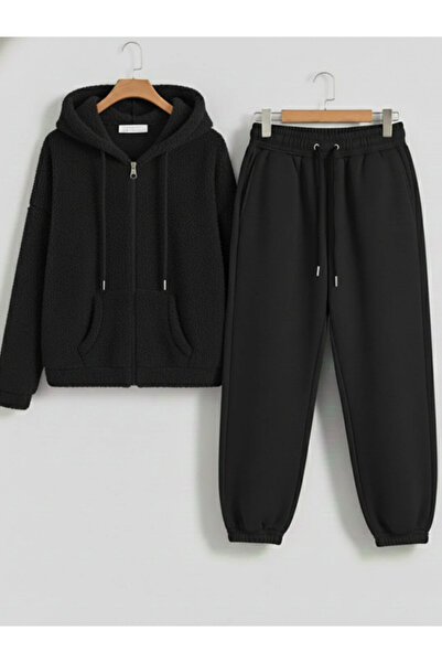 Boi طقم بدلة رياضية من القطيفة بسحاب للجنسين قصة فضفاضة قالب بغطاء رأس طقم بن...