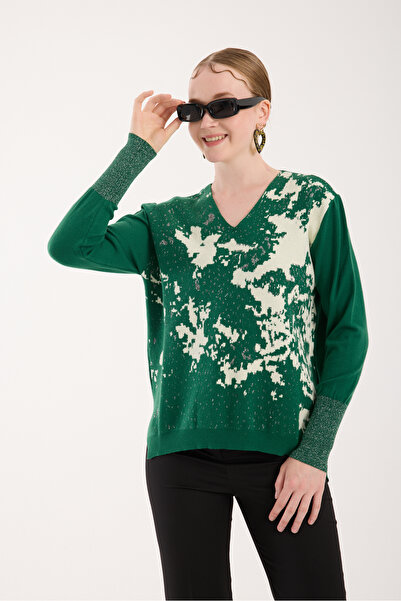 Moda Days Sim Patterned Wide Cuffed Side Slit V-Neck Knitwear Blouse