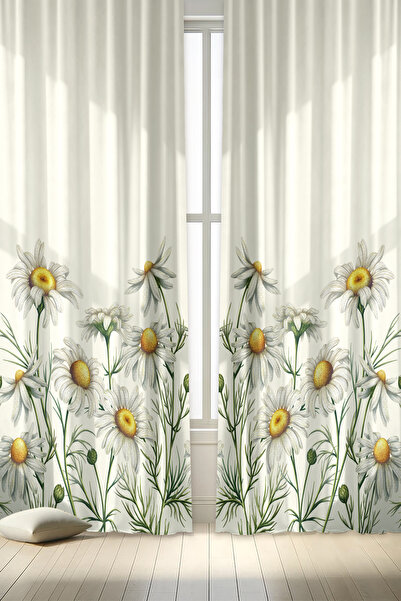 depdekor Dekoratif Baskıılı Papatya Desenli Salon Mutfak Fon Perdesi (TEK KAN...