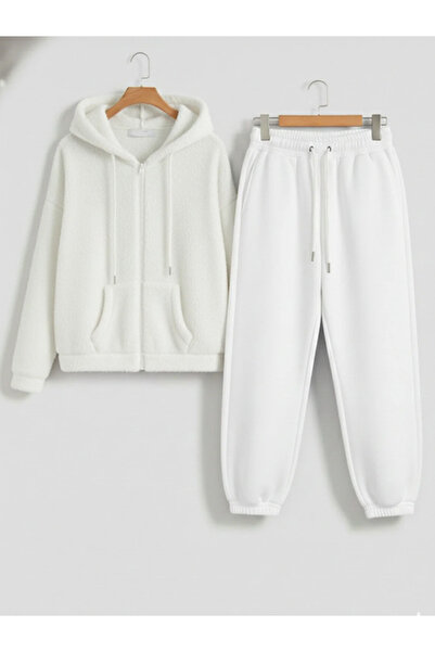 Boi Unisex Cut Zippered Plush Tracksuit Set Oversized Mold Hooded Plush Cardi...