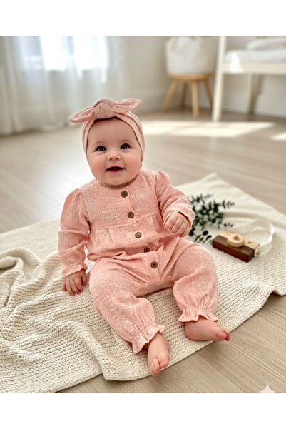BEREN Kız Bebek Pudra Pembesi Gül Nakışlı Müslin Tulum ve Bandana Seti