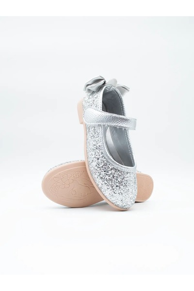 pinkchıld Kız Çocuk Gümüş Simli Ortopedik Kaymaz Taban Cırtlı Babet Ayakkabı