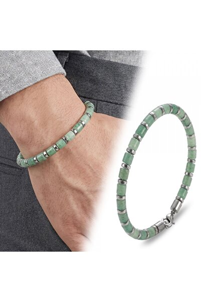AKSESUARIM Men's Green Aventurine Silver Hematite Stone Adjustable Steel Chain Bracelet