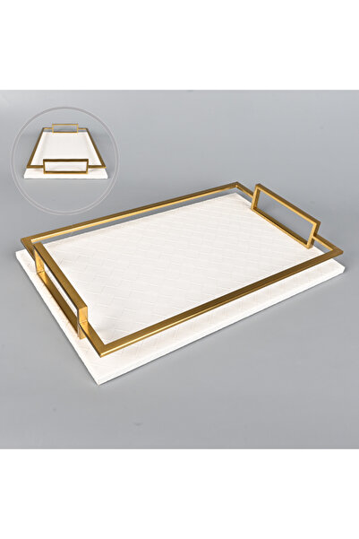 Generic Rectangular Serving Tray Faux Leather Off White 45x28 cm with Copper Steel Frame