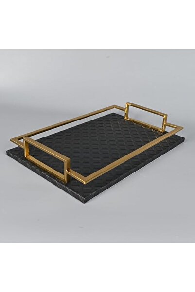 Generic Rectangular serving tray 40x26 cm, black leather with an elegant brass frame