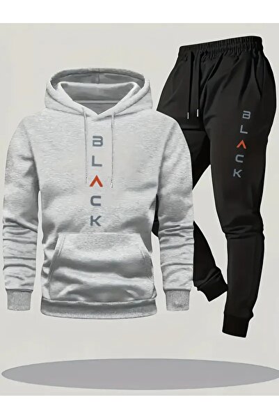 Massgai Unisex Black Printed Hooded Oversized Bottom-Top Set Jogger Cotton Tracksuit Set