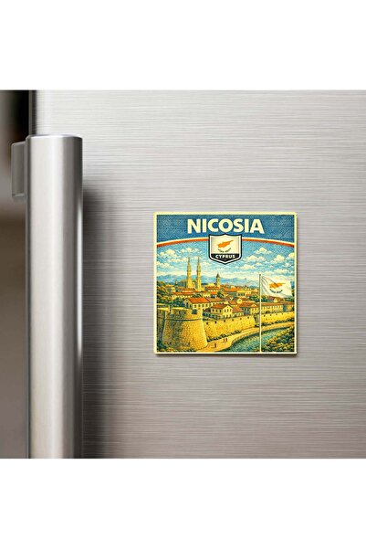 iBerk Retro Kıbrıs Lefkoşa Şehri Temalı Vintage Baskılı Buzdolap Magneti Kare...