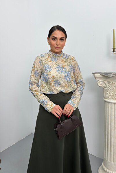 Potenza Γυναικεία μπλούζα με λουλουδάτο σχέδιο με βολάν μακρυμάνικο πολύχρωμο ψηλός λαιμός κοντή μπλούζα από σιφόν