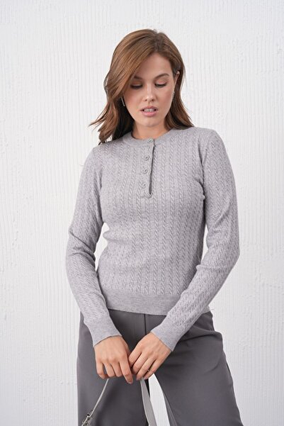 mysimy Crew Neck Half Placket Buttoned Knit Sweater
