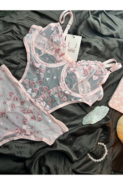 Sentientiss Amor - Balenli B Cup Kalp Desenli Pembe Bodysuit