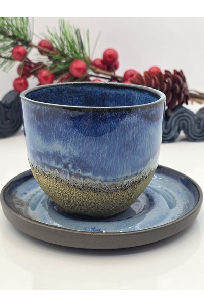 atolye okyanus El Yapımı Stoneware Fincan & Tabak – Okyanus Efektli Mavi Sır ...