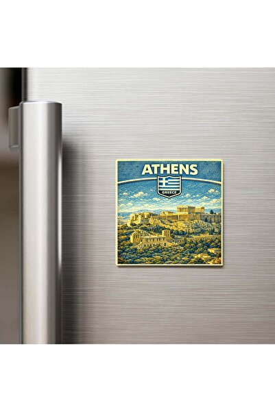 iBerk Retro Yunanistan Atina Şehri Temalı Vintage Baskılı Buzdolap Magneti Ka...
