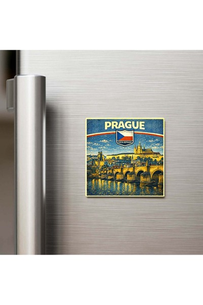iBerk Retro Çekya Prag Şehri Temalı Vintage Buzdolap Magneti – 9x9 cm