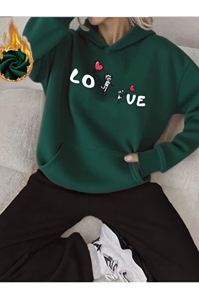 Sweet Cotton Women's love printed Hooded tracksuit set - Hooded sweatshirt top and bottom set